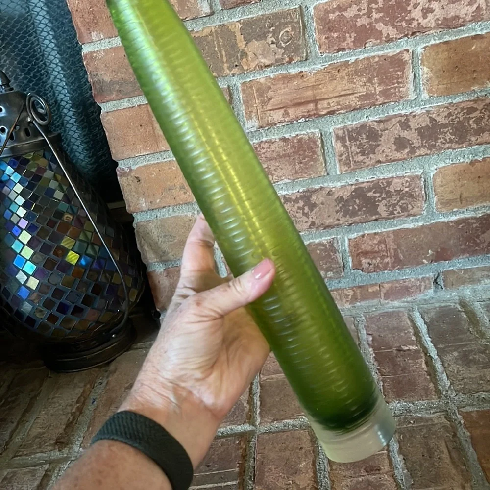 Art Glass Green Ribbed Tall Skinny Vase